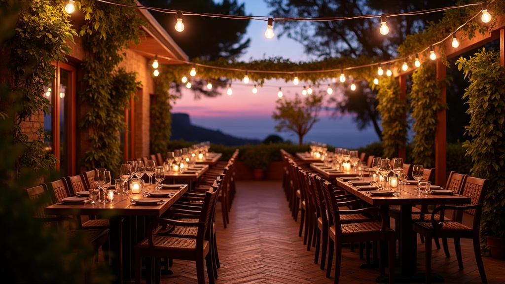 Restaurant terrace with string lights at dusk